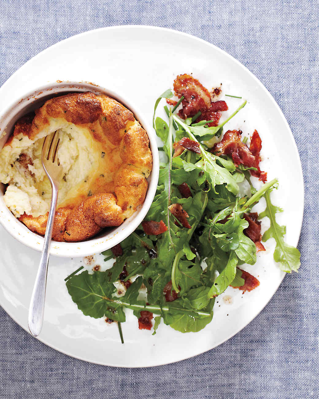 Martha Stewart Cheese Souffle with Bacon Arugula Salad